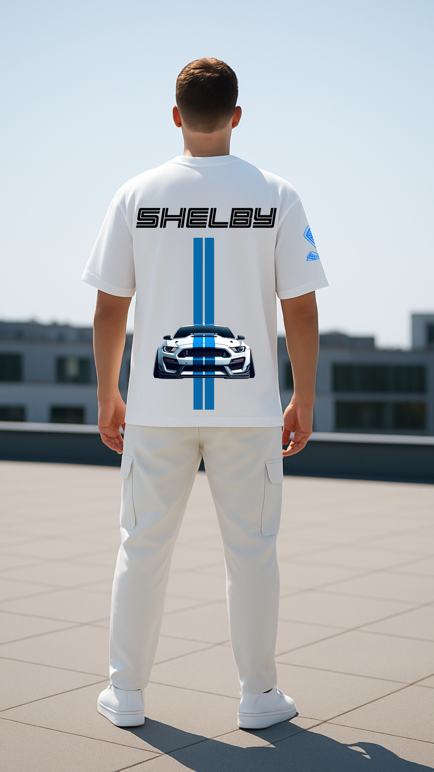 “Blue Striped Muscle Car” Graphic Relaxed Fit Drop Shoulder Tee- DARKWYN Originals