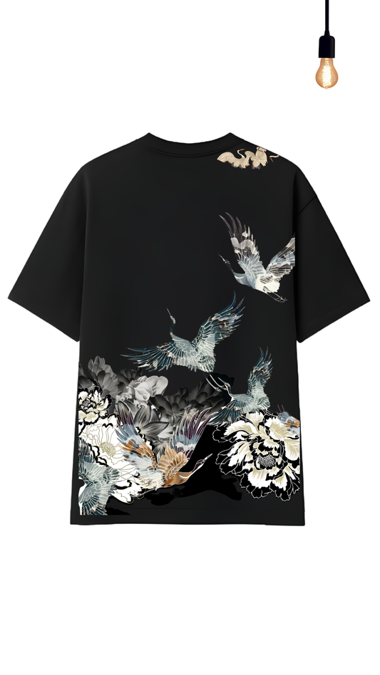 “Elegant Crane Floral” Graphic Relaxed Fit Drop Shoulder Tee-DARKWYN Originals