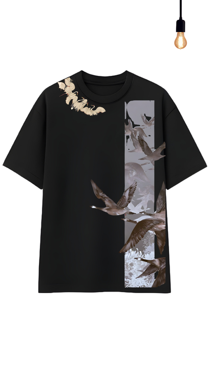 “Elegant Crane Floral” Graphic Relaxed Fit Drop Shoulder Tee-DARKWYN Originals