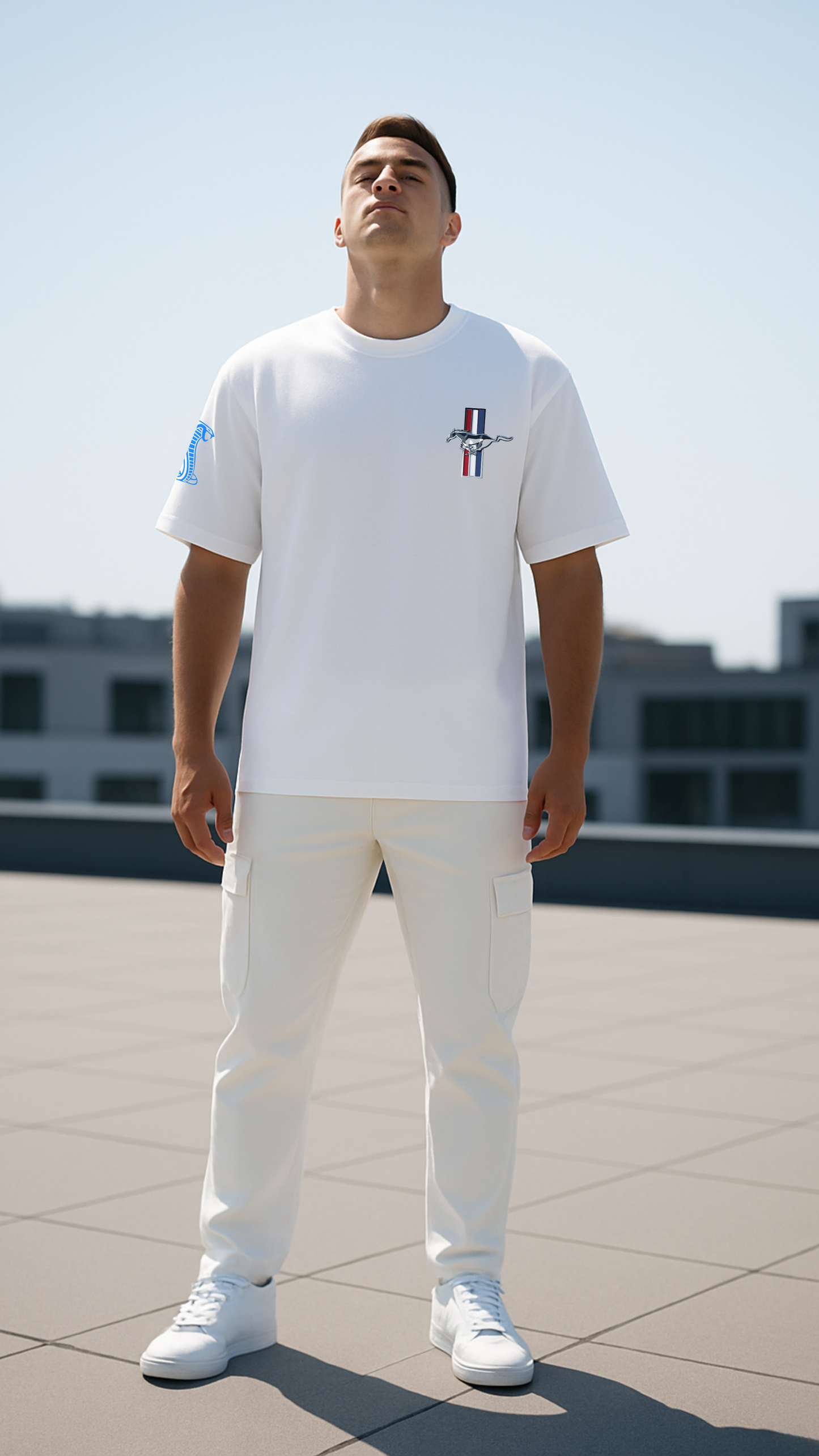 “Blue Striped Muscle Car” Graphic Relaxed Fit Drop Shoulder Tee- DARKWYN Originals