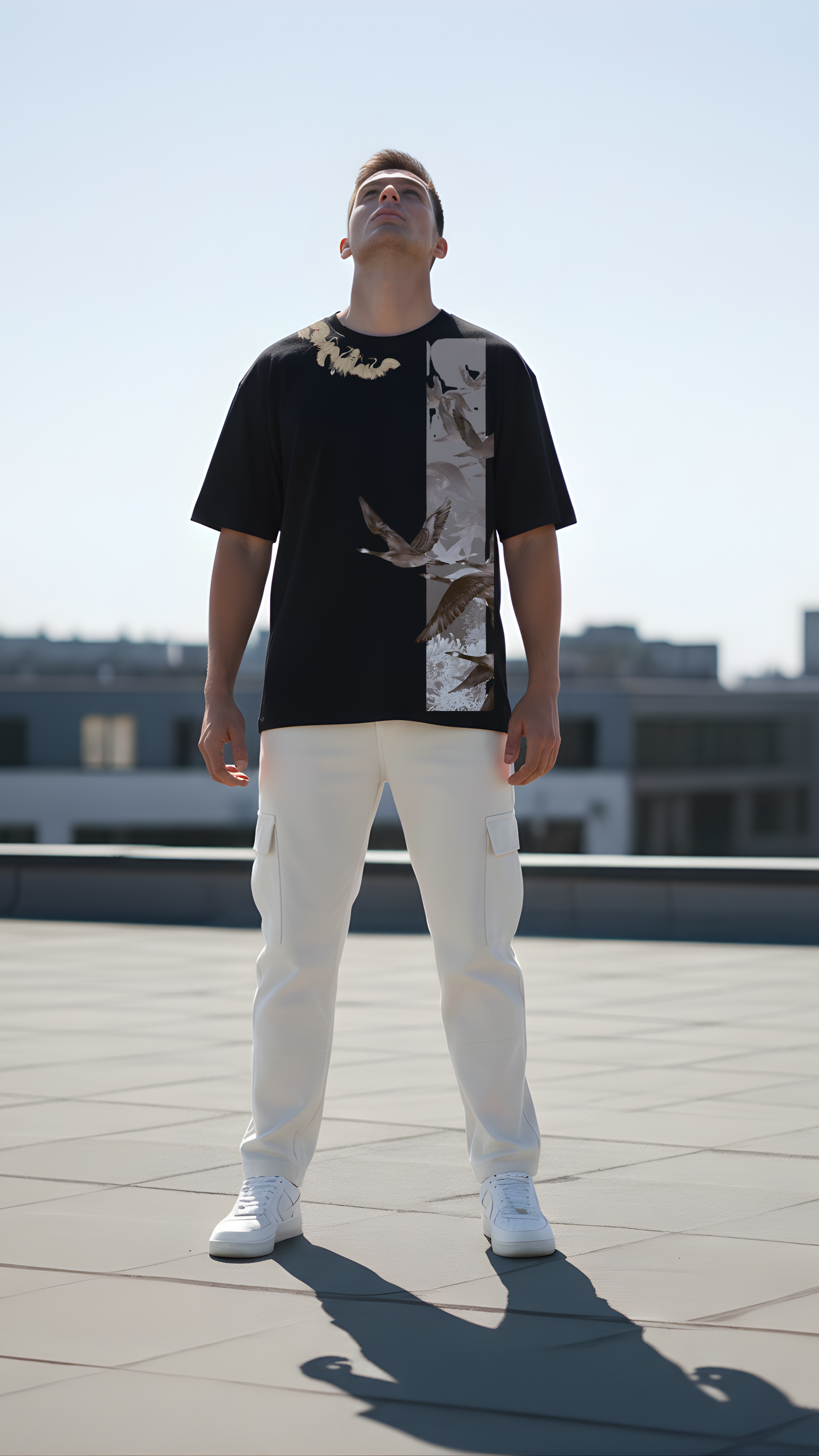 “Elegant Crane Floral” Graphic Relaxed Fit Drop Shoulder Tee-DARKWYN Originals