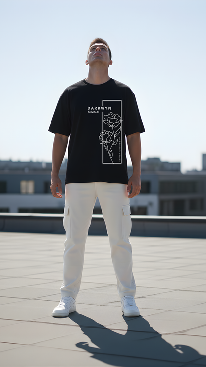 Monochrome Floral Premium Drop Shoulder T-Shirt- DARKWYN Originals