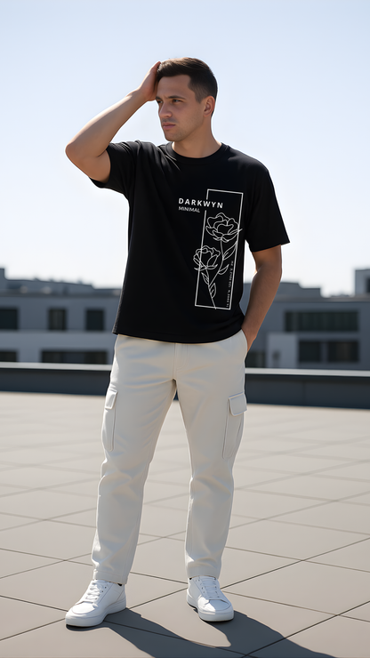 Monochrome Floral Premium Drop Shoulder T-Shirt- DARKWYN Originals