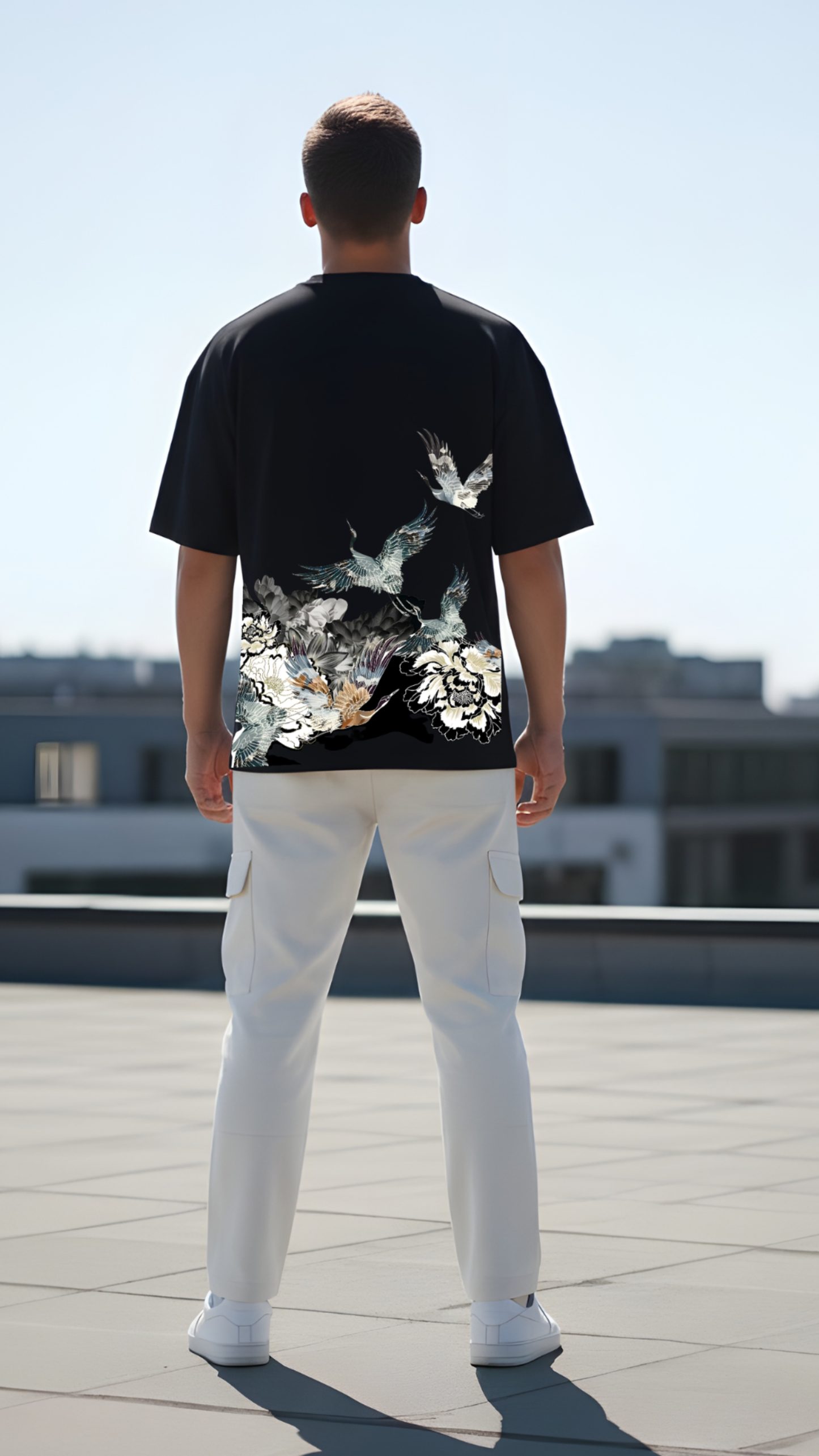 “Elegant Crane Floral” Graphic Relaxed Fit Drop Shoulder Tee-DARKWYN Originals