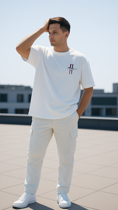 “Blue Striped Muscle Car” Graphic Relaxed Fit Drop Shoulder Tee- DARKWYN Originals